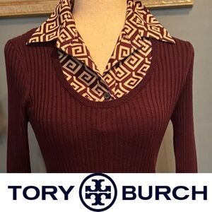 Tory Burch Ribbed Sweater with Blouse Collar